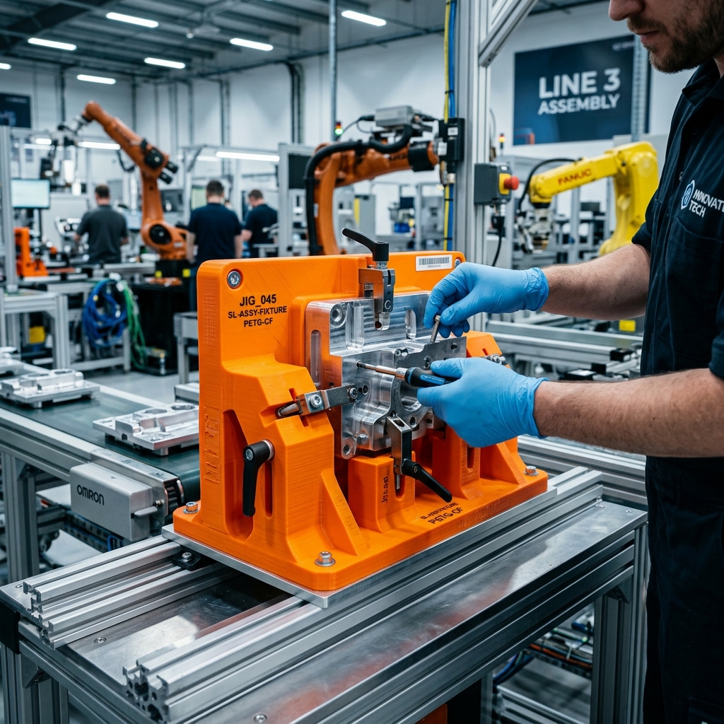 Gabarito de montagem (Jig) impresso em 3D em linha de produção industrial
