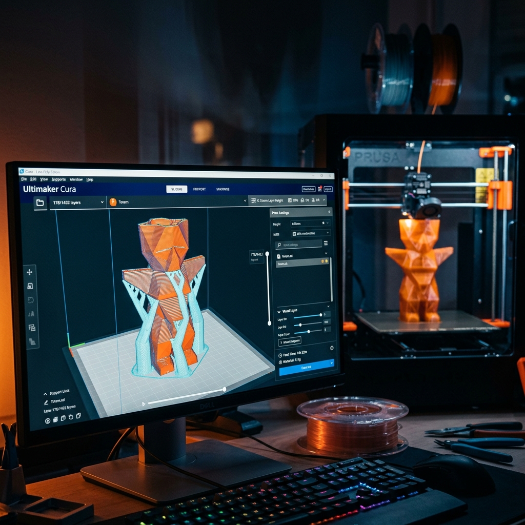 Tela de computador mostrando um software de fatiamento (slicer) com arquivo STL pronto para impressão 3D
