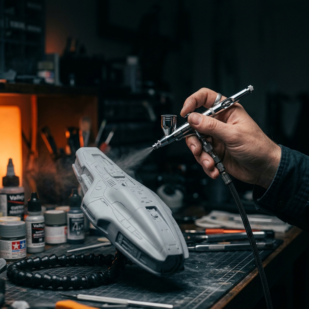 Processo de aplicação de primer e pintura em peça 3D com aerógrafo